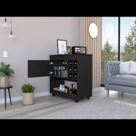 Tuhome Camelia Bar Cart, Lower Panel, Six Bottle Cubbies, One Cabinet, Black BLW7117